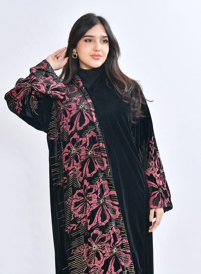 HAWRAA ABAYA Abaya crafted from soft black velvet fabric, featuring an elegant floral print in shades of red with subtle golden accents - Image 1